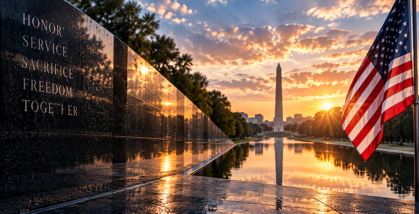 Memorial wall and Washington Monument at sunrise